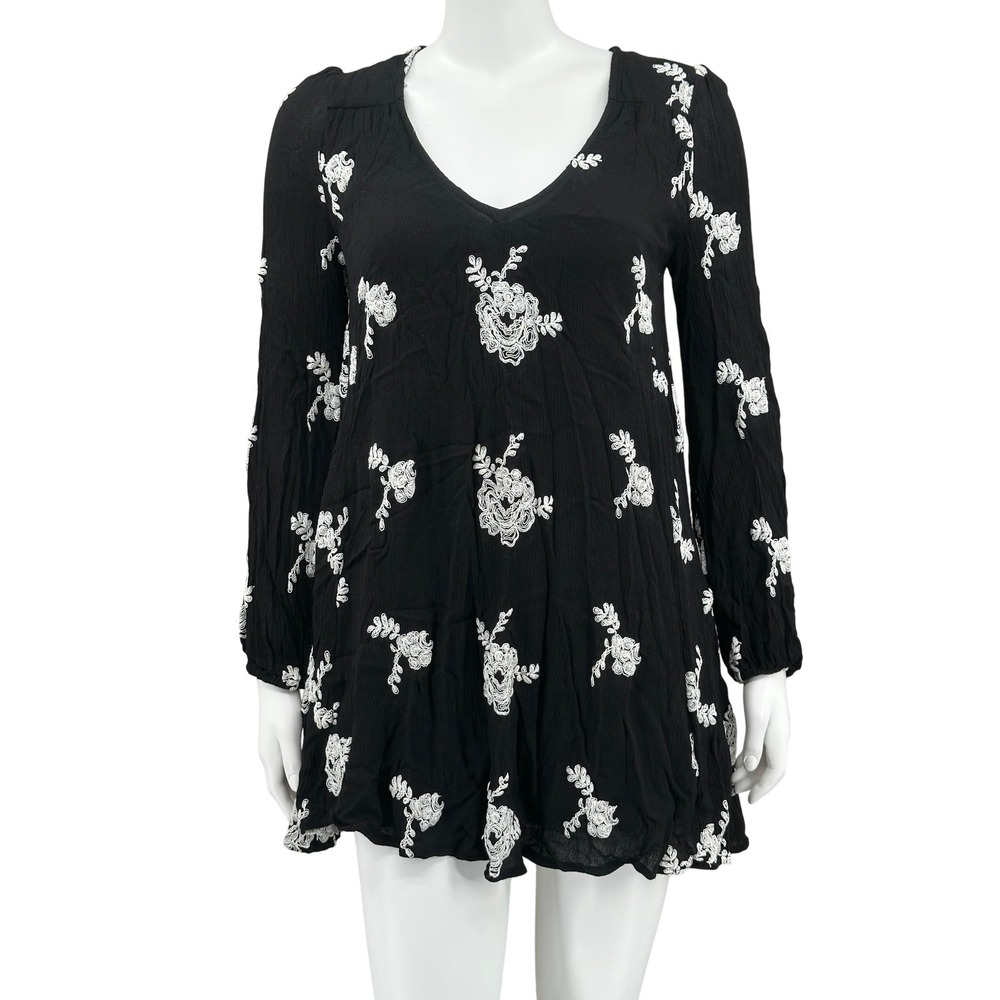 Free People Dress Womens‎ Small Black Floral Embroidered Boho Austin Emma Mini